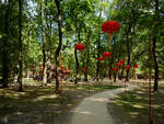 Im Łazienki-Park weisen rote Lampions den Weg in den Chinesischen Garten.