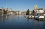 Blick ber die Limmat auf die Kirchen der Stadt:(von links nach rechts) Frauenmnster, St.Peter und auf der rechten Uferseite sieht man das Grossmnster.