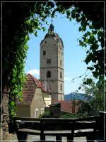 Krems/Stein an der Donau: Der Blick geht nach Sden vorbei am Turm der Frauenbergkirche zum entfernt auf der Hhe liegenden Stift Gttweig (Juni 2009).