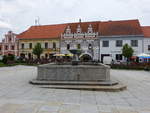 Bechyne, Brunnen und Gebude am Hauptplatz Masaryka Namesti (27.05.2019)