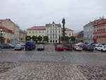 Duchcov, Floriansbrunnen und Pestsule am Namesti Republiky (27.09.2019)