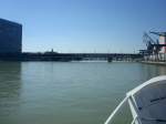 Basel am Rhein,  die Dreirosenbrcke, eine Balkenbrcke aus Stahl fr Strae und Straenbahn, erffnet 2004, Juni 2010