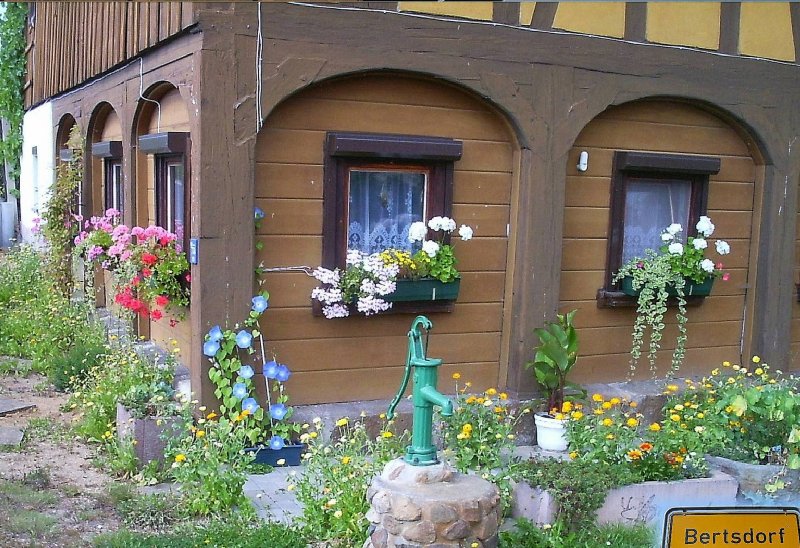 Umgebindehaus in Bertsdorf, Detail Umgebinde mit Blumenschmuck, Sommer 2004