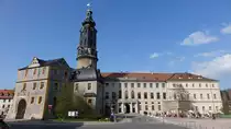 Weimar, Stadtschloss mit Schlossturm, erbaut ab 1513, Umgestaltung zum Renaissance-Schloss ab 1535 durch den Kurf�rsten Johann Friedrich I. (09.04.2023)