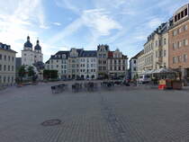 Plauen, historische Gebude und Trme der St. Johannis Kirche am Altmarkt (12.08.2023)