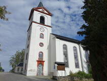 Grnhainichen, evangelische Kirche, Saalkirche mit Westturm, erbaut von 1848 bis 1850 (17.09.2023)