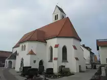 Hirschzell, Pfarrkirche St. Thomas, sp�tromanischer Saalbau, erbaut im 15. Jahrhundert, Satteldachturm neu erbaut 1727 (06.03.2014)