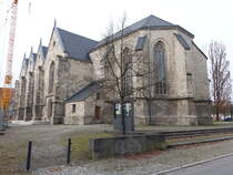 Ellrich, evangelische St. Johannis Kirche, dreischiffige Hallenkirche, erbaut 1860 (22.03.2024)