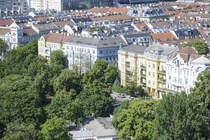 Blick vom Wiener Riesenrad auf den Park Venediger Au und die gleichnamige Strae. Aufnahme: 19. Mai 2024.
