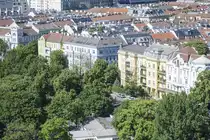Blick vom Wiener Riesenrad auf den Park Venediger Au und die gleichnamige Stra�e. Aufnahme: 19. Mai 2024.