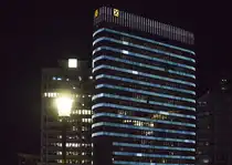 Das Raiffeisen-Holding-Hochhaus ist ein Hochhaus am Donaukanal im Gemeindebezirk Leopoldstadt in Wien. Die Fassadenbeleuchtung wurde von der Multivision LED-System erstellt und besteht aus ca. 5.500 LED-Leuchten mit einem Meter L�nge. Aufnahme: 20. Mai 2024.