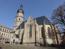 Altenburg, evangelische St. Bartholomus Kirche, erbaut bis 1459, Hallenkirche mit barockem Turm (31.03.2024)