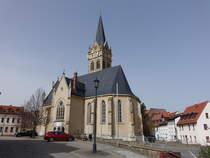 Lucka, evangelische Stadtkirche St. Pankratius, erbaut ab 1396, Kirchturm von 1891 (30.03.2024)