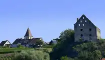 Burkheim am Kaiserstuhl, Blick von Westen auf den Weinort mit Kirche und Schlo�ruine, Aug.2024