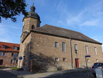 Karsdorf, evangelische St. Laurentius Kirche, sptgotisch, Kirchturm erbaut 1701 (22.09.2024)