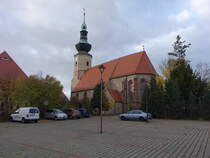 Trebsen, evangelische Stadtkirche, romanische Saalkirche, erbaut im 12. Jahrhundert, Kirchturm erbaut 1731 durch Johann Gebhardt (02.11.2024)