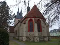 Krostitz, evangelische St. Laurentius Kirche, erbaut im 13. Jahrhundert (14.12.2024)