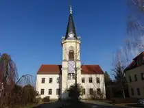 Bannewitz, evangelische Kirche, erbaut 1864, Kirchturm von 1885 (28.03.2024)