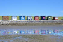 Badehuser bei Dagebll am Nordfriesischen Wattenmeer. Aufnahme: 1. Juli 2025.
