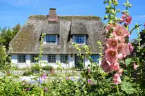 Reetdachhaus auf der Hallig Oland im Nordfriesischen Wattenmeeer. Aufnahme: 1. Juli 2025.