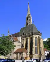Thann, das gotische M�nster St.Theobald, erbaut in der Zeit vom 13.-15.Jahrhundert, der 76m hohe Turm wurde 1518 fertig gestellt, Mai 2025