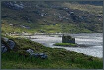 Auf einer winzigen Insel im Loch Tangasdale steht der Mac Leod's Tower, ein kleiner mittelalterlicher Wehrturm. (Barra, 09.05.2025)