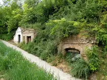 Typische Kellergasse mit teils verfallenen Erdkellern zur Weinlagerung entlang eines Wanderweges in Bad-Pirawarth; 260514