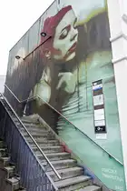 Wandmalerei von Aleksandra Oluczka und Irek Jasutowicz, beide aus Polen, an der Gro�en Stra�e 65 in Flensburg. Das Kunstwerk ist ein Teil der Nord:Syd Freiraumgalerie in der F�rdestadt. Aufnahme: 26. Juli 2026.