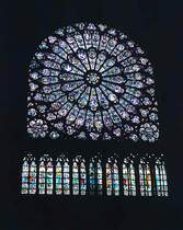 Paris, Kathedrale Notre Dame. Rosenfenster im Querschiff, hochgotisch. Aufwndige Glasmalerarbeit. Scan ab Dia, April 1994