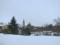 Laucha an der Unstrut - Blick ber die Unstrutgrten zur Kirche - 17.01.2010 

