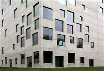 Zollverein-Schule  School of Management and Design : Interessant die Verteilung der Fenster, mal recht dicht beieinander, dann wiedern nur vereinzelt in den Wnden. 21.03.2010 (Matthias)