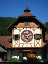 Triberg im Schwarzwald,
ein Denkmal fr eine weltweit bekannte Schwarzwlder Spezialitt,
die grte Kuckucksuhr der Welt, Nachbau eines Original-Uhrwerkes in Holz im Mastab 60:1, Gesamtgewicht 6t, das Pendel ist 8m lang und 100kg schwer,
kann auch innen besichtigt werden,
Aug.2010