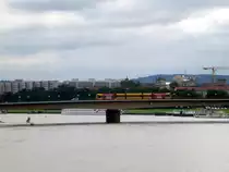 Eine Stra�enbahn auf der Carolabr�cke.