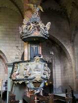 Geschnitzte Barock-Kanzel (1776) in der St.-Marien-Kirche zu Bergen auf Rgen
