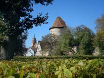 Weil der Stadt, Blick ber Stadtmauer mit Wehrturm zur Stadtpfarrkirche, Okt.2010