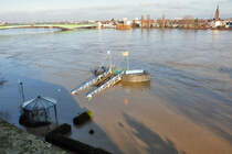 Schiffsanlegestelle am Brassertufer unter Wasser. Im Hintergrund die Kennedybrcke und rechts Bonn-Beuel - 10.01.2011