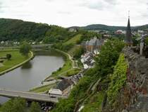 Saarburg, Blick von der Burg auf die Stadt und die Saar, Mai 2005