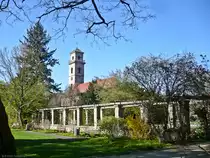 Nahe des Rosenparks am Rande des F�rther Stadtparks kann man zwischen den B�umen hindurch den Turm der 1825 im Stil des Klassizismus erbauten Auferstehungskirche erkennen. (09.04.2011)