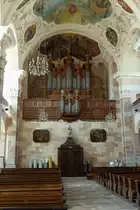Ebersm�nster im Elsa�, die im urspr�nglichen Zustand erhaltene Silbermannorgel in der St.Mauritius-Kirche, von 1730-32 erbaut, spielt zu den regelm��ig stattfindenden Konzerten, Mai 2011