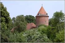 Der Burgturm von Plau am See erhebt sich ber die Baumwipfel. 15.06.2011