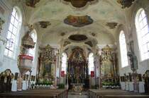 Deubach, St. Martin Kirche, Hochaltar von Christoph Roth, Fresken von 
Johann Georg Wolcker, Landkreis Gnzburg (07.07.2011)