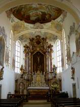 Mindelzell, Wallfahrtskirche Hl. Kreuz, Altar mit Gemlde von Konrad Huber, 
Landkreis Gnzburg (29.08.2011)