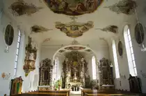 Eglofs, St. Martin Kirche, Hochaltar und Kanzel von Johann Richard Eberhard mit Gem�lde von Franz Anton Wei�, Kreis Lindau (30.10.2011)