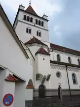 Fremdingen, St. Gallus Kirche, erbaut von 1903 bis 1906 durch Leonhard Romeis, 
Turmuntergeschoss aus dem 14. Jahrhundert, Kreis Donau-Ries (15.07.2012)