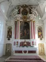 Hochaltar der Wallfahrtskirche in Ilgen mit Gnadenbild aus dem 15. Jahrhundert, 
Altarbild gemalt vom Steingader Klosterbruder Lukas Schwaiger (03.10.2012)