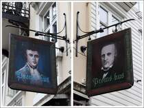 Bergen. Ein von den beiden Seiten unterschiedlich bemaltes Wirtshausschild in der Hollendergaten. 28.09.2012
