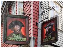 Bergen. Ein von den beiden Seiten unterschiedlich bemaltes Wirtshausschild in der Hollendergaten. 28.09.2012

