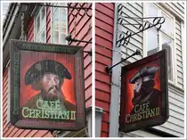 Bergen. Ein von den beiden Seiten unterschiedlich bemaltes Wirtshausschild in der Hollendergaten. 28.09.2012

