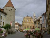 Yverdon, Place Pestalozzi mit Ref. Kirche (28.07.2012)
