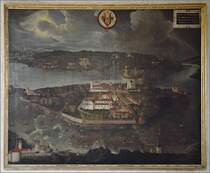 <U>Surreales Mittelalter</U> auf der Reichenau im sdlichen Seitenschiff des Mnsters St. Maria und Markus. Ohne zustzliche Beleuchtung ist es fast ein Ding der Unmglichkeit, dieses Bild festzuhalten. Es zeigt den Einzug von Pirmin auf die Insel Reichenau, whrend alles Ungetier schon vor dem Heiligen flchtet (seltsam, dass alle sakralen Bauten schon fertig sind...). Konstanz im Osten ist schon durch die Sonne beleuchtet, whrend im Westen Richtung Stein am Rhein noch finsterste Nacht ist. April 2013.